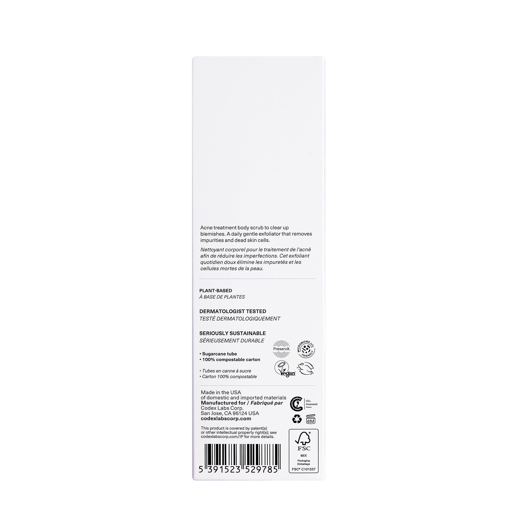 Shaant Hydrating Acne Body Scrub side of carton on white background.