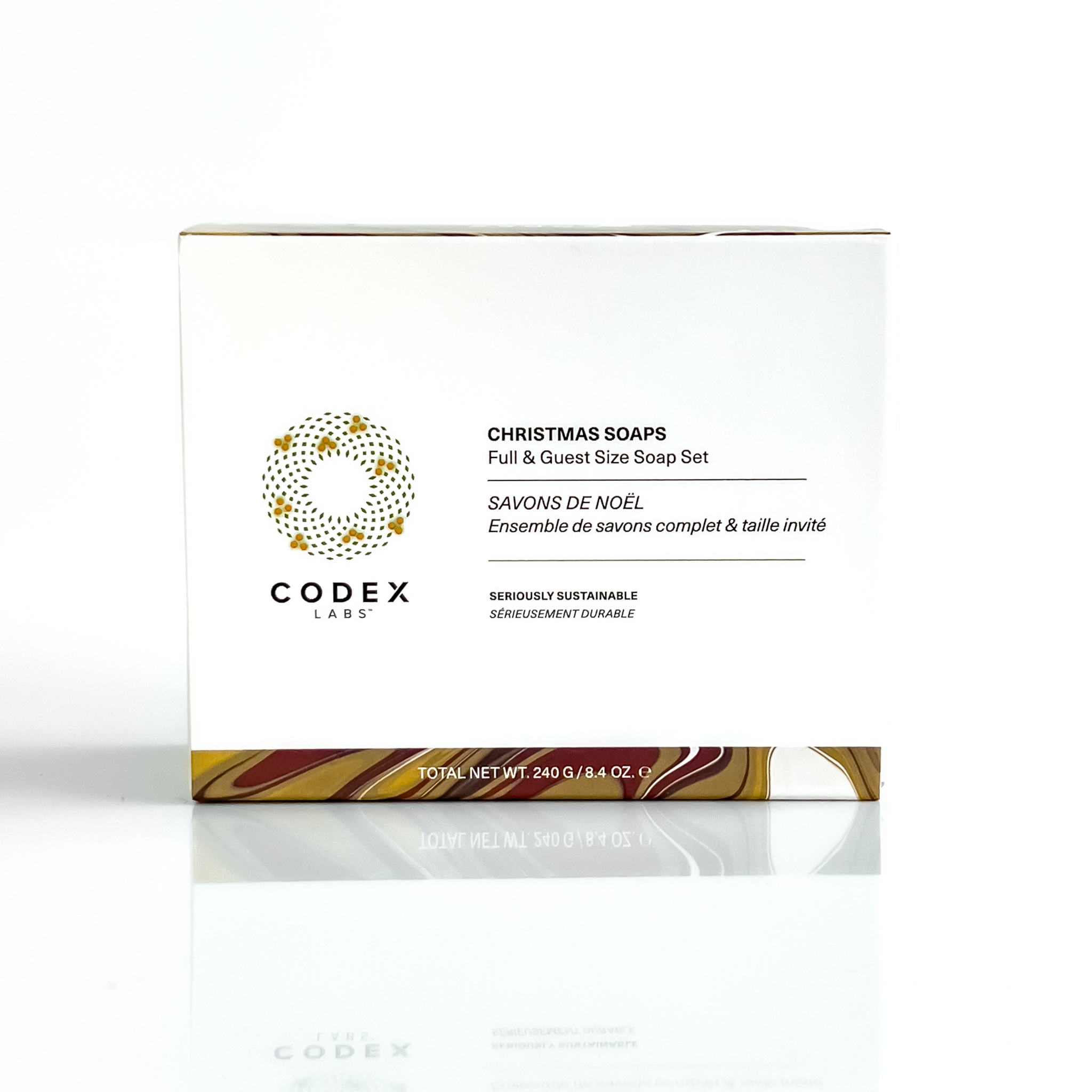 Codex Labs Christmas soap set front of box on a white background.